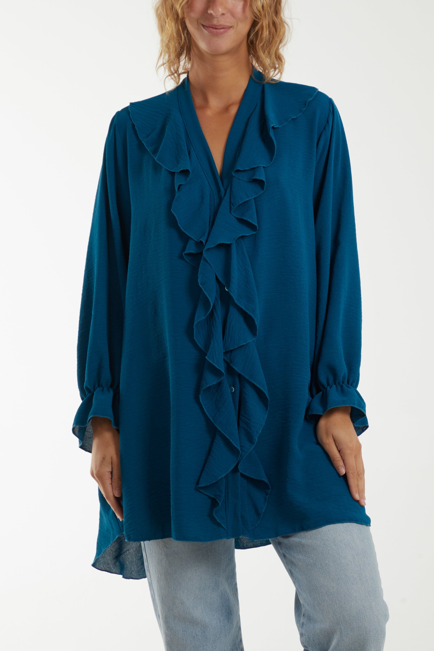 Flounce Poly Crepe Oversized Shirt TOPMF2 WearAll Teal One Size