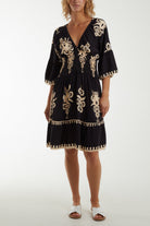 Shirred Bodice Printed Mini Dress Dresses WearAll Black One Size