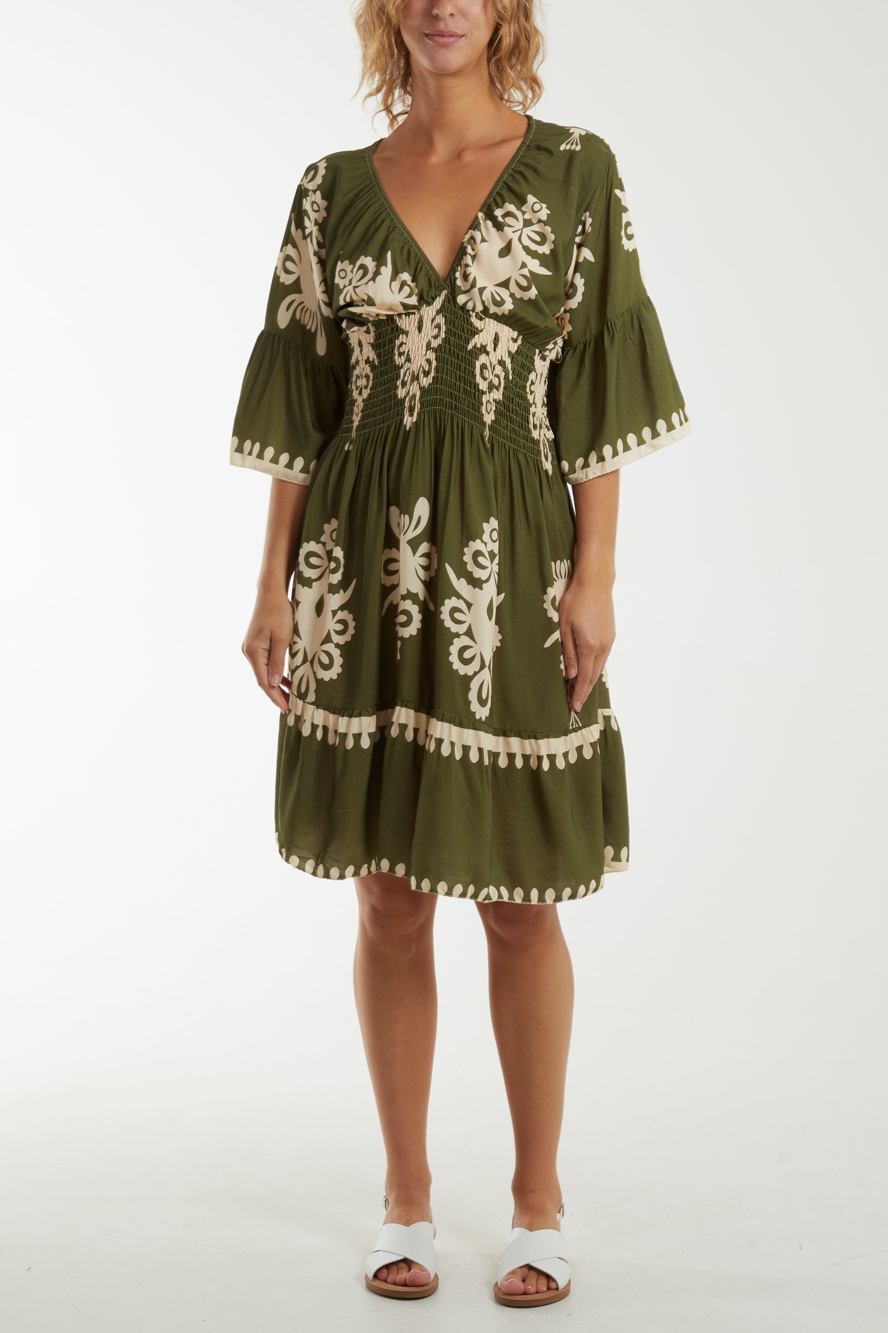 Shirred Bodice Printed Mini Dress Dresses WearAll Khaki One Size