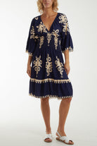 Shirred Bodice Printed Mini Dress Dresses WearAll Navy One Size
