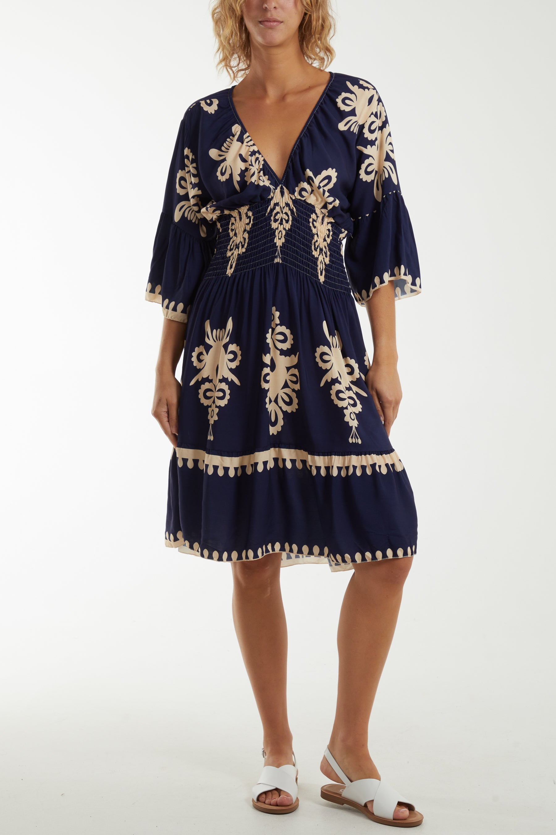 Shirred Bodice Printed Mini Dress Dresses WearAll Navy One Size