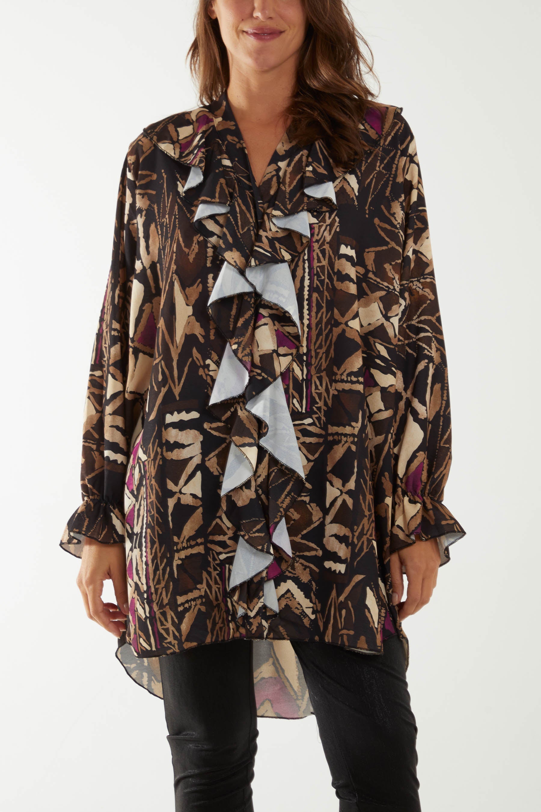 Tribal Print Ruffle Blouse Dresses WearAll Black One Size