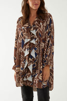 Tribal Print Ruffle Blouse Dresses WearAll Brown One Size