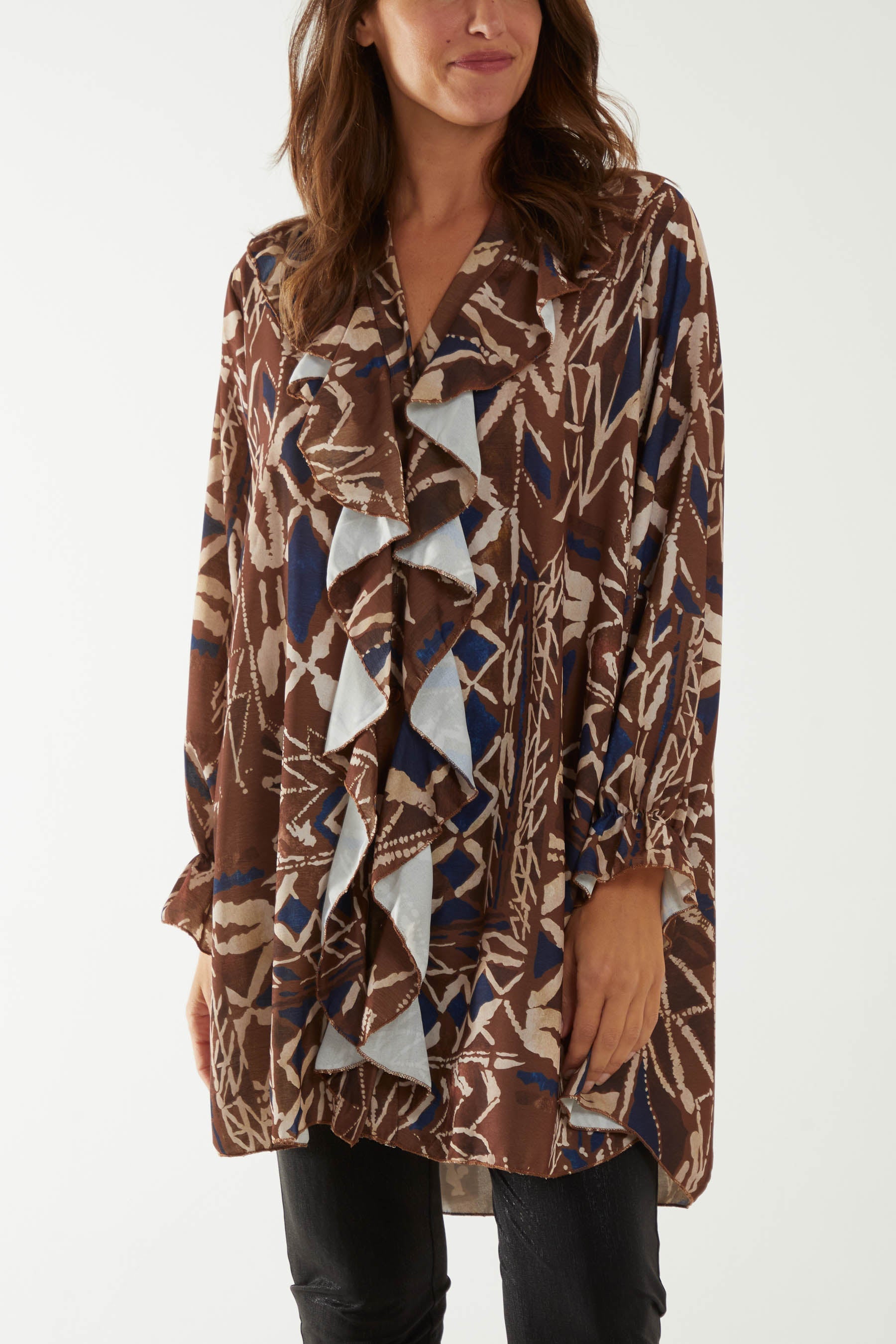 Tribal Print Ruffle Blouse Dresses WearAll Brown One Size