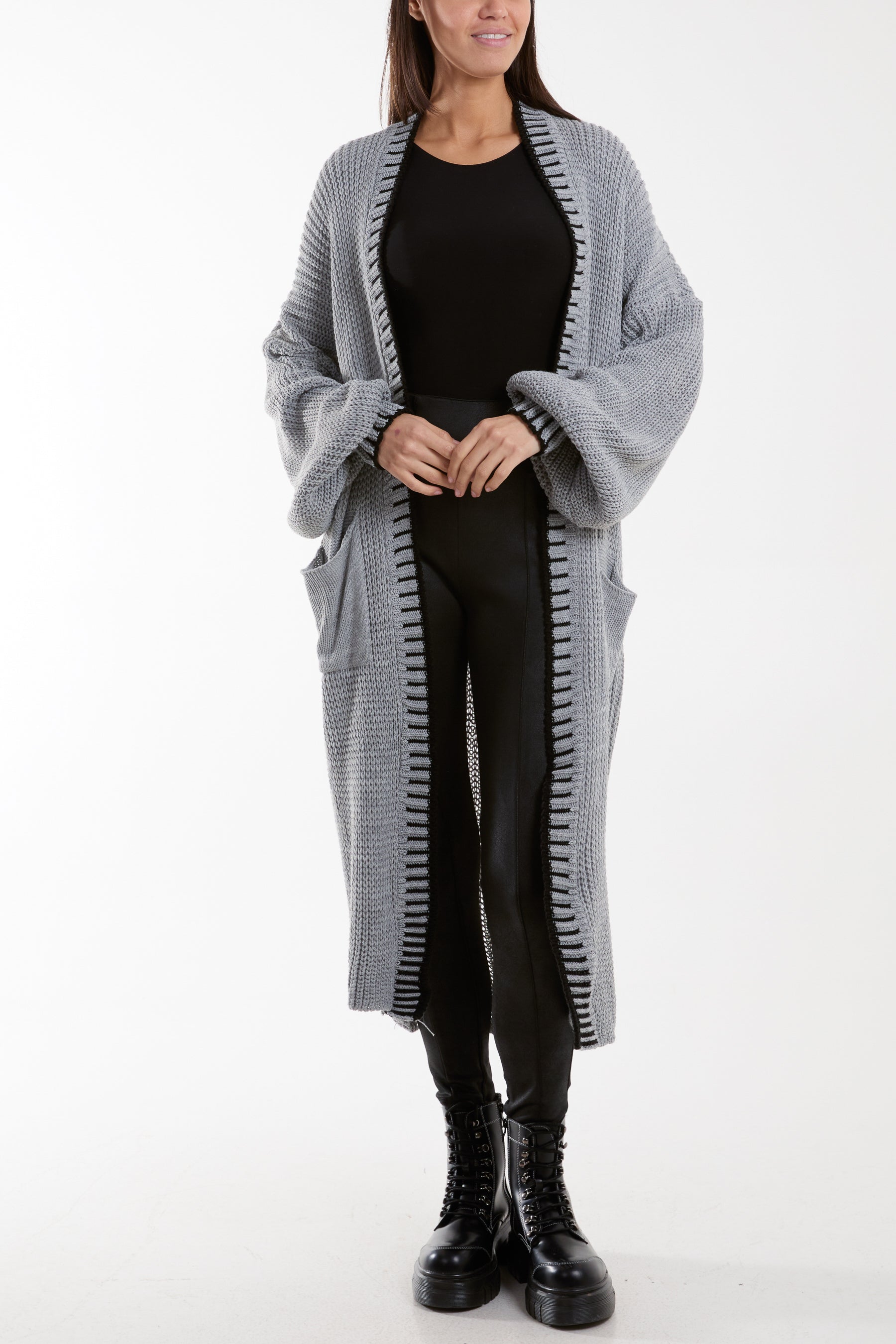 Blanket Stitch Hem Longline Cardigan Cardigans WearAll Grey One Size