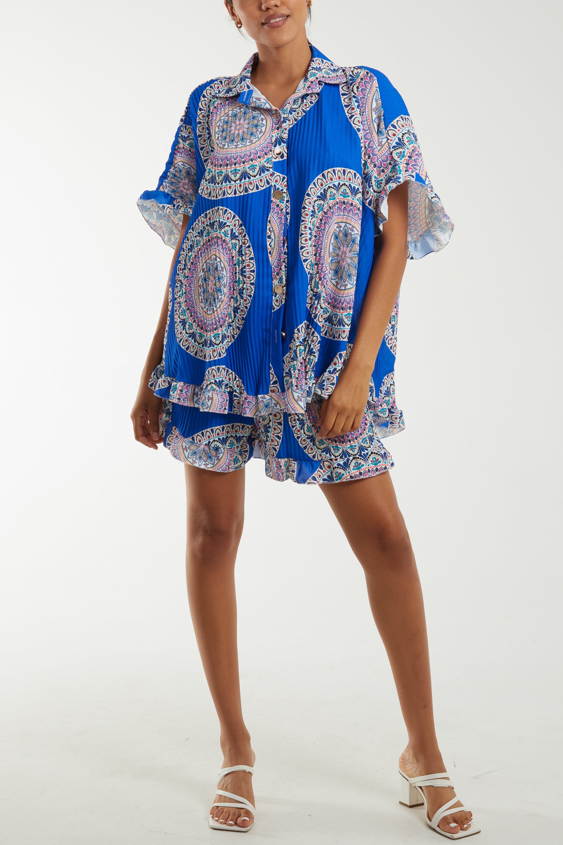 Mandala Plisse Frill Hem Co-Ord Set Co-Ords WearAll Royal Blue One Size