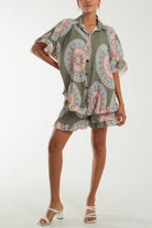 Mandala Plisse Frill Hem Co-Ord Set Co-Ords WearAll Khaki One Size