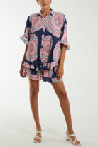 Mandala Plisse Frill Hem Co-Ord Set Co-Ords WearAll Navy One Size
