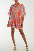 Mandala Plisse Frill Hem Co-Ord Set Co-Ords WearAll Orange One Size