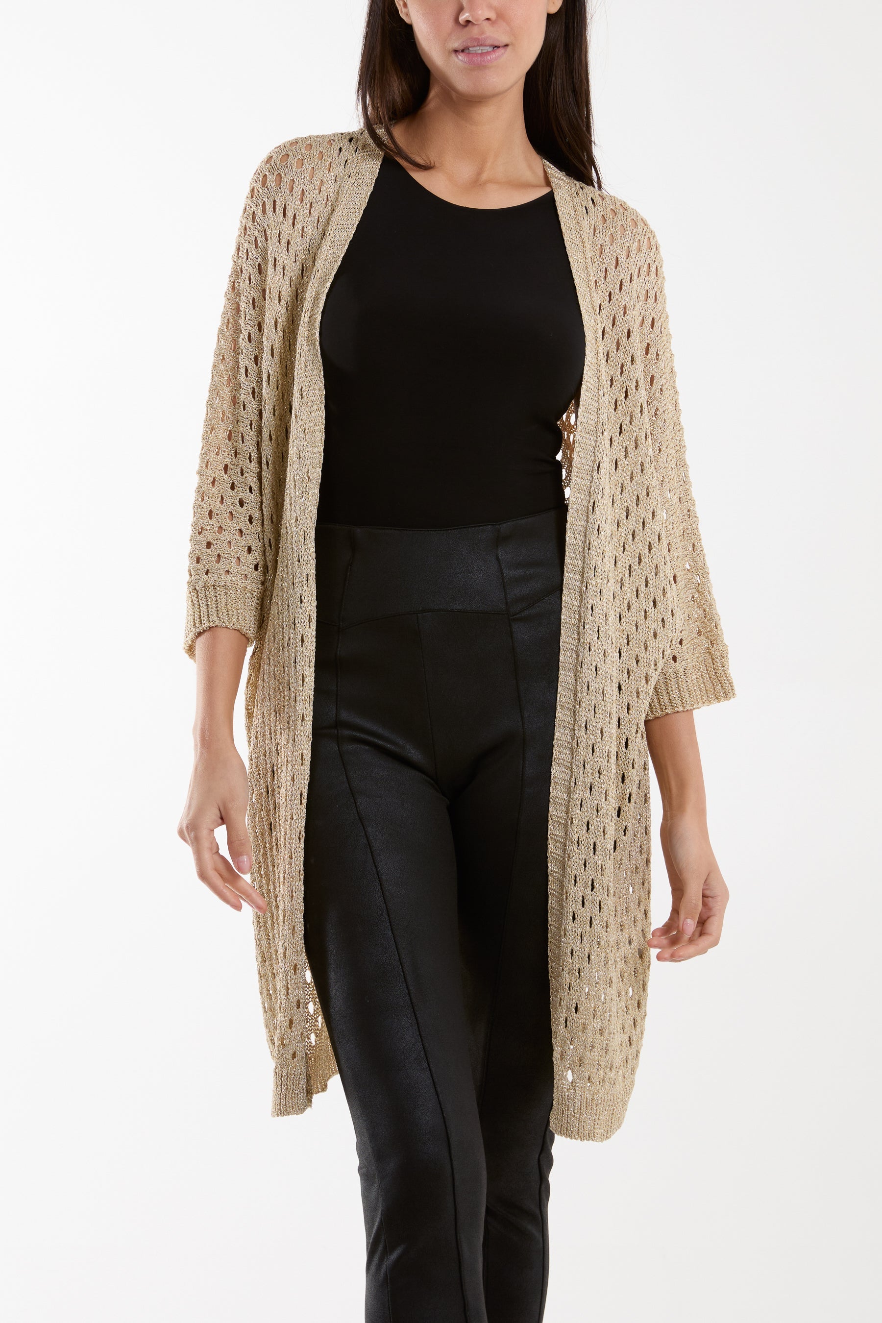 Crochet 3/4 Sleeve Long Cardigan Cardigans WearAll Gold One Size