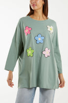 Multicolour Fluffy Daisy Long Sleeve Top T-shirts WearAll Sage One Size
