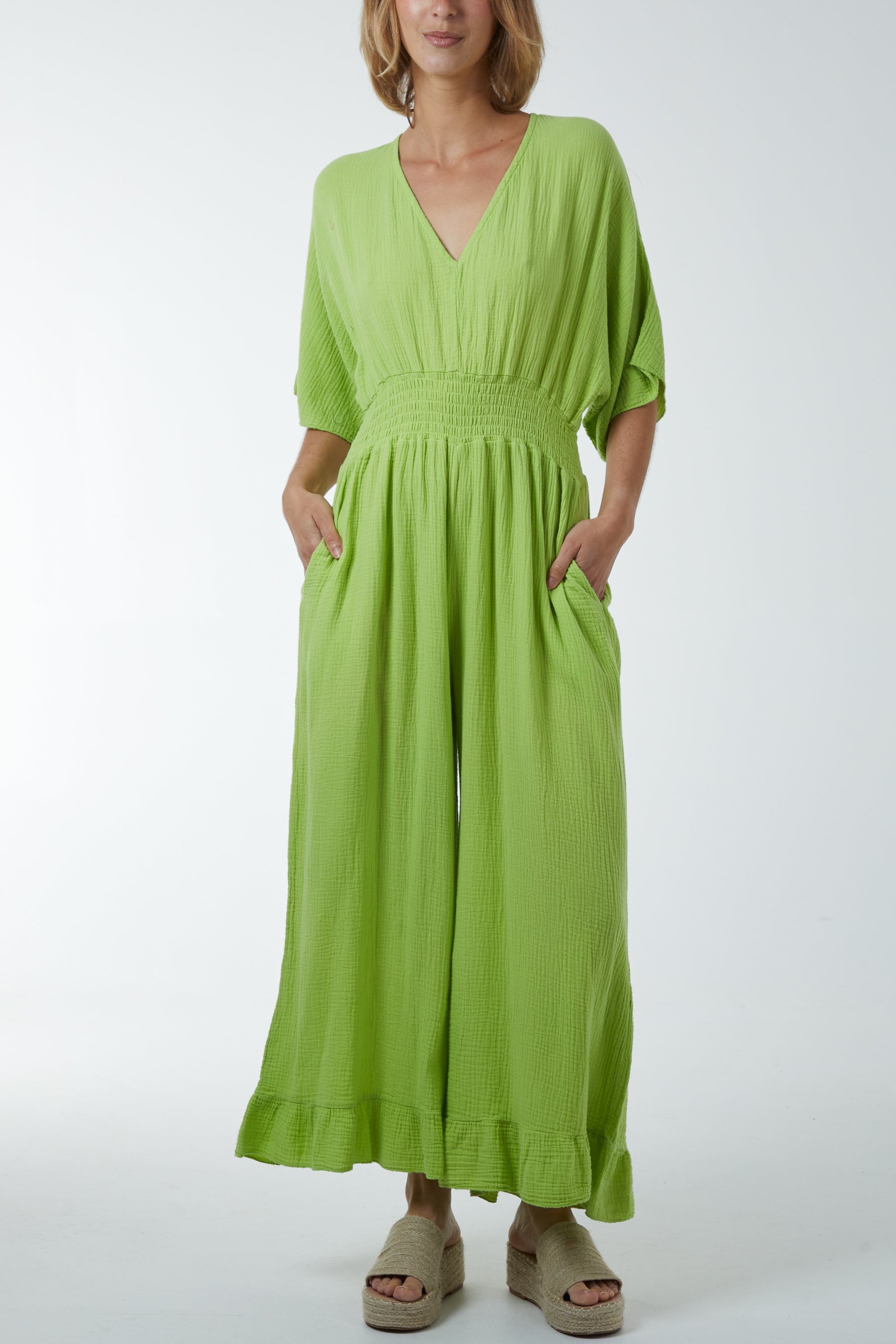 Double V-Neck Frilled Jumpsuit Jumpsuits WearAll Lime One Size