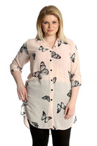 Butterfly Print Side Slit Curved Hem Top Tops WearAll Nude 16