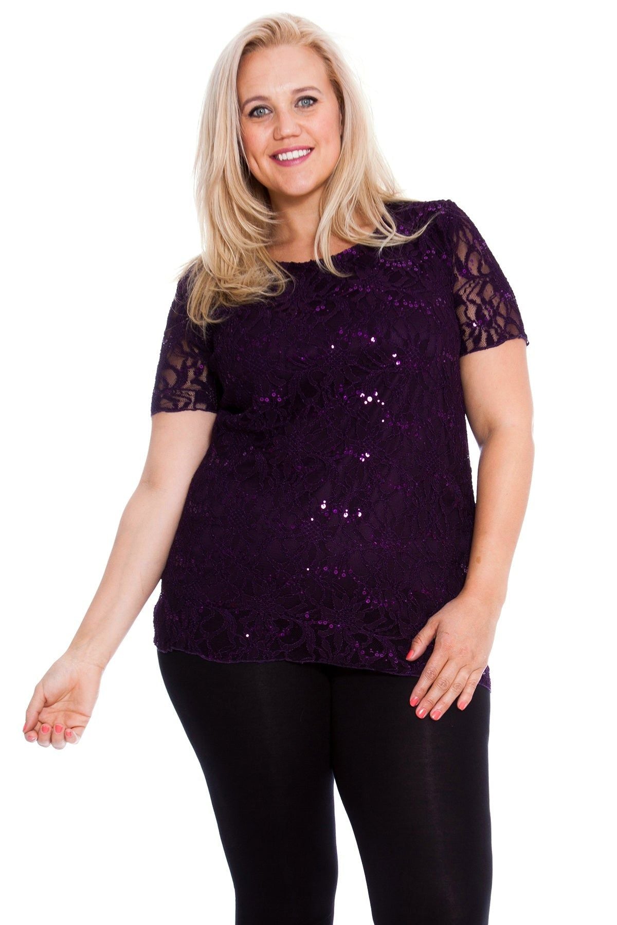 Plus Size Lace Sequin Lined Top Tops WearAll Purple 16-18