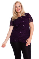 Plus Size Lace Sequin Lined Top Tops WearAll Purple 16-18
