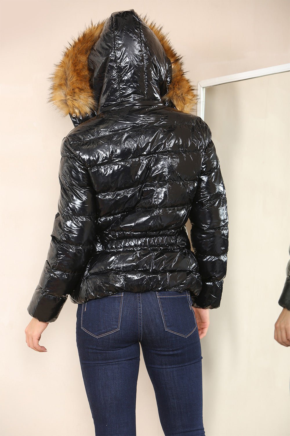 Wet Look Puffer Hooded Jacket with Faux Fur Jackets & Coats WearAll