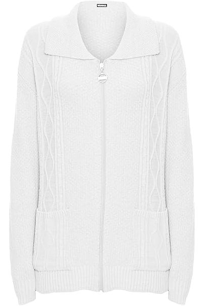 Plus Size Knit Collar Long Sleeve Zip Cardigan Knitted Cardigan WearAll White 16-18