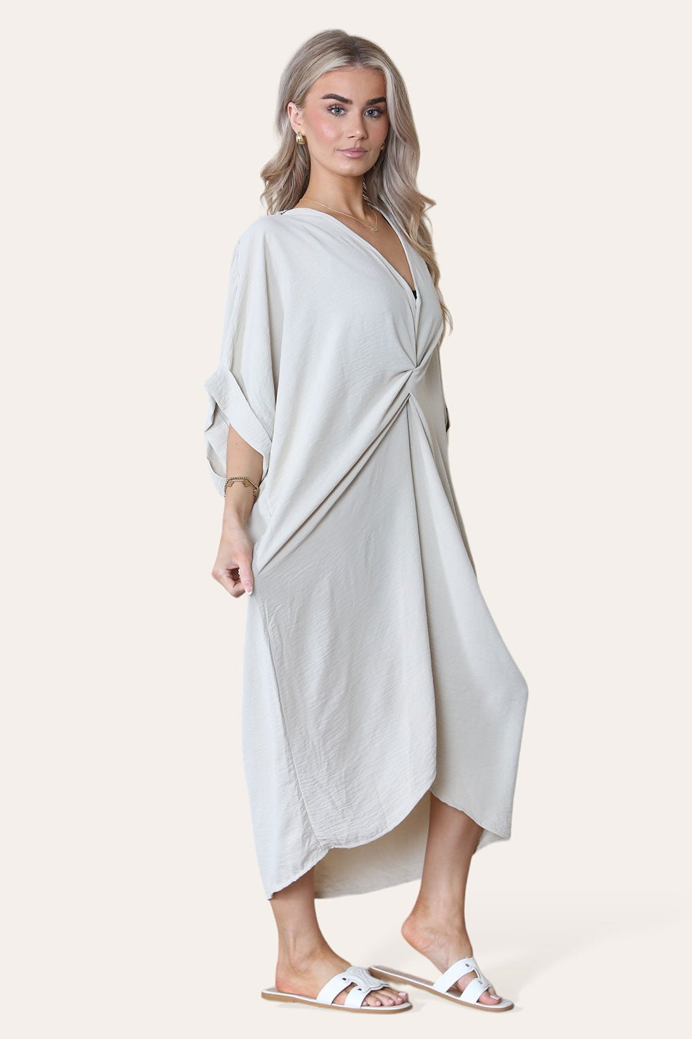 Womens V-Neck Tie Knotted Twisted Front Oversized Longline Midi Dress Dress WearAll