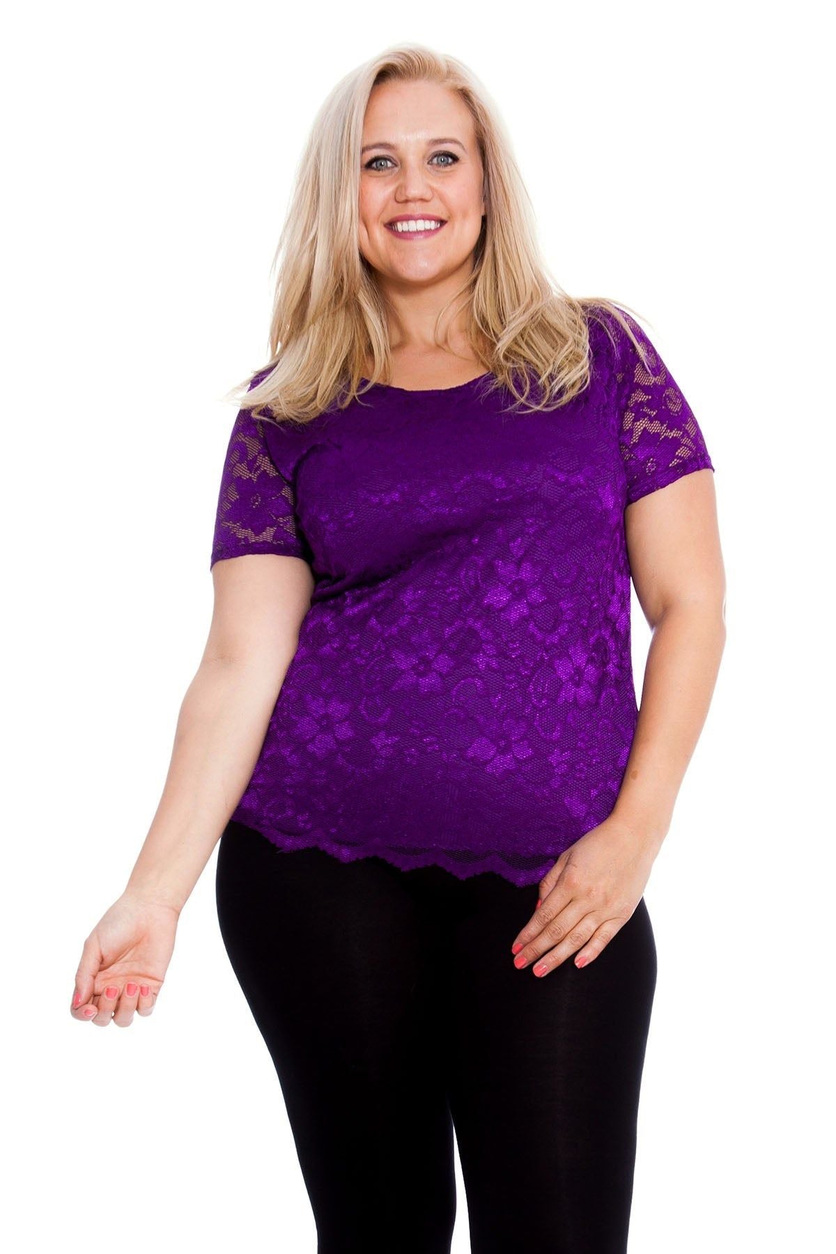 Lace Lined Scallop Edge T-Shirt Top Tops WearAll Purple 14