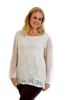 Lace Lined Sheer Sleeve Chiffon Tunic Top Tops WearAll Cream 14