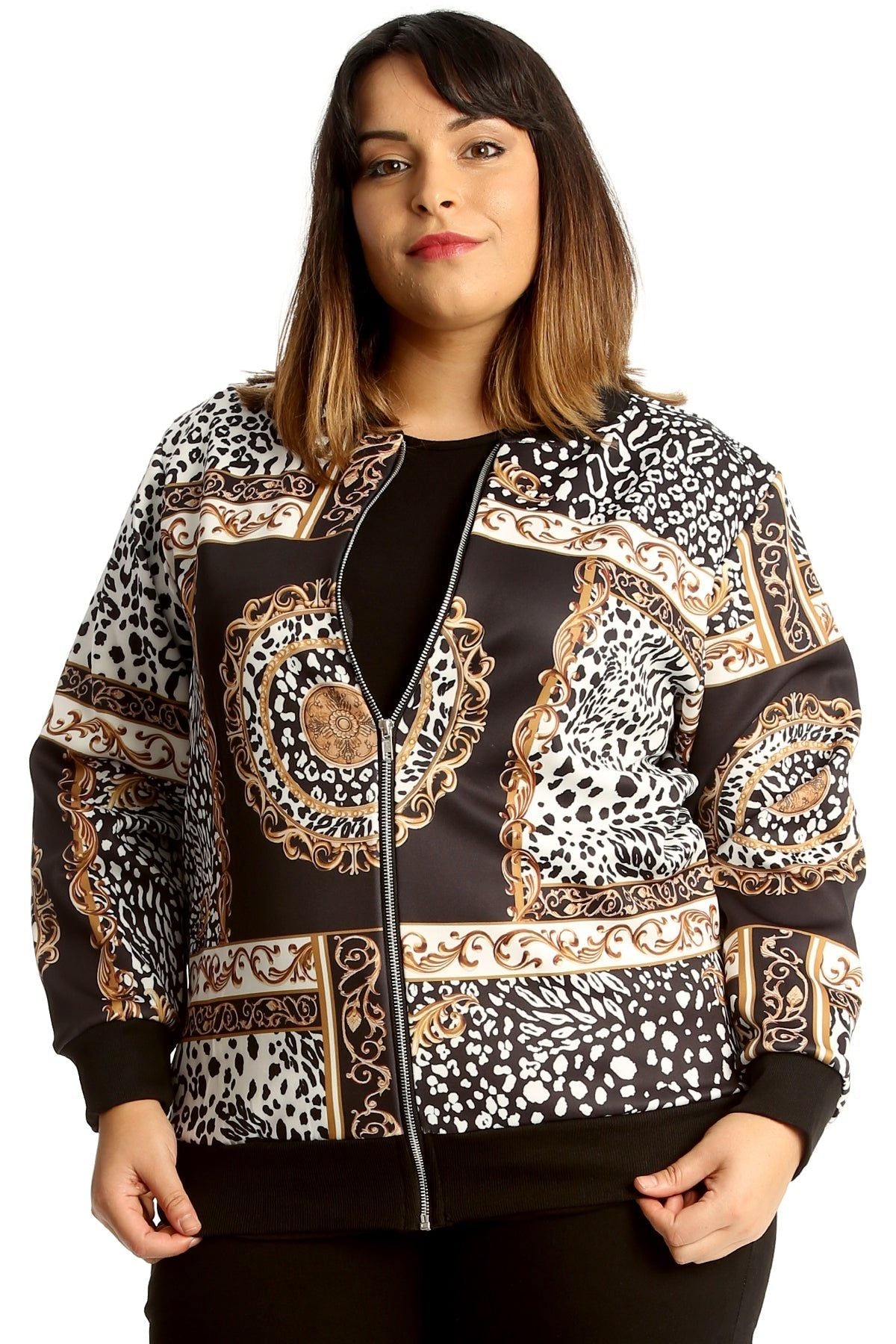 Plus Size Baroque Paisley Print Bomber Jacket Jacket WearAll Black 14