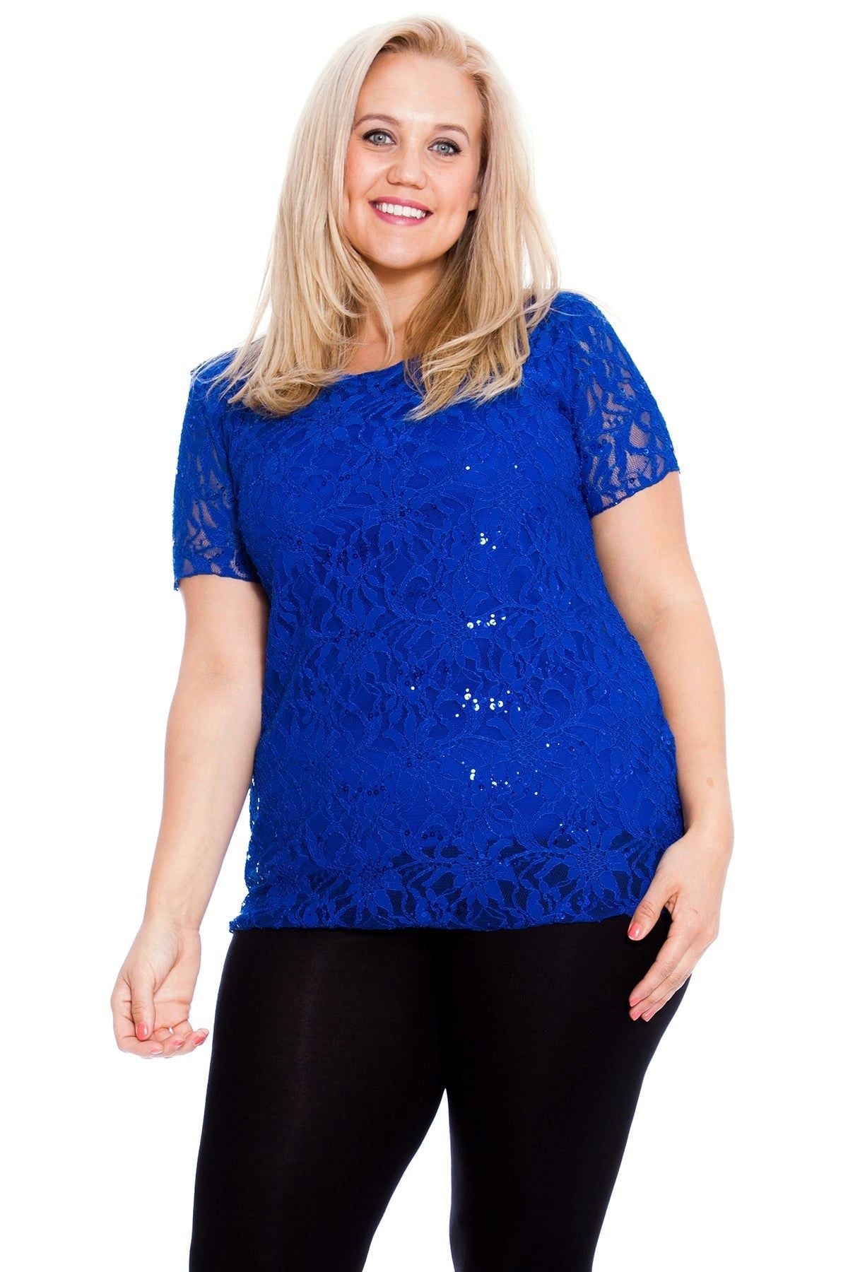 Plus Size Lace Sequin Lined Top Tops WearAll Royal Blue 16-18