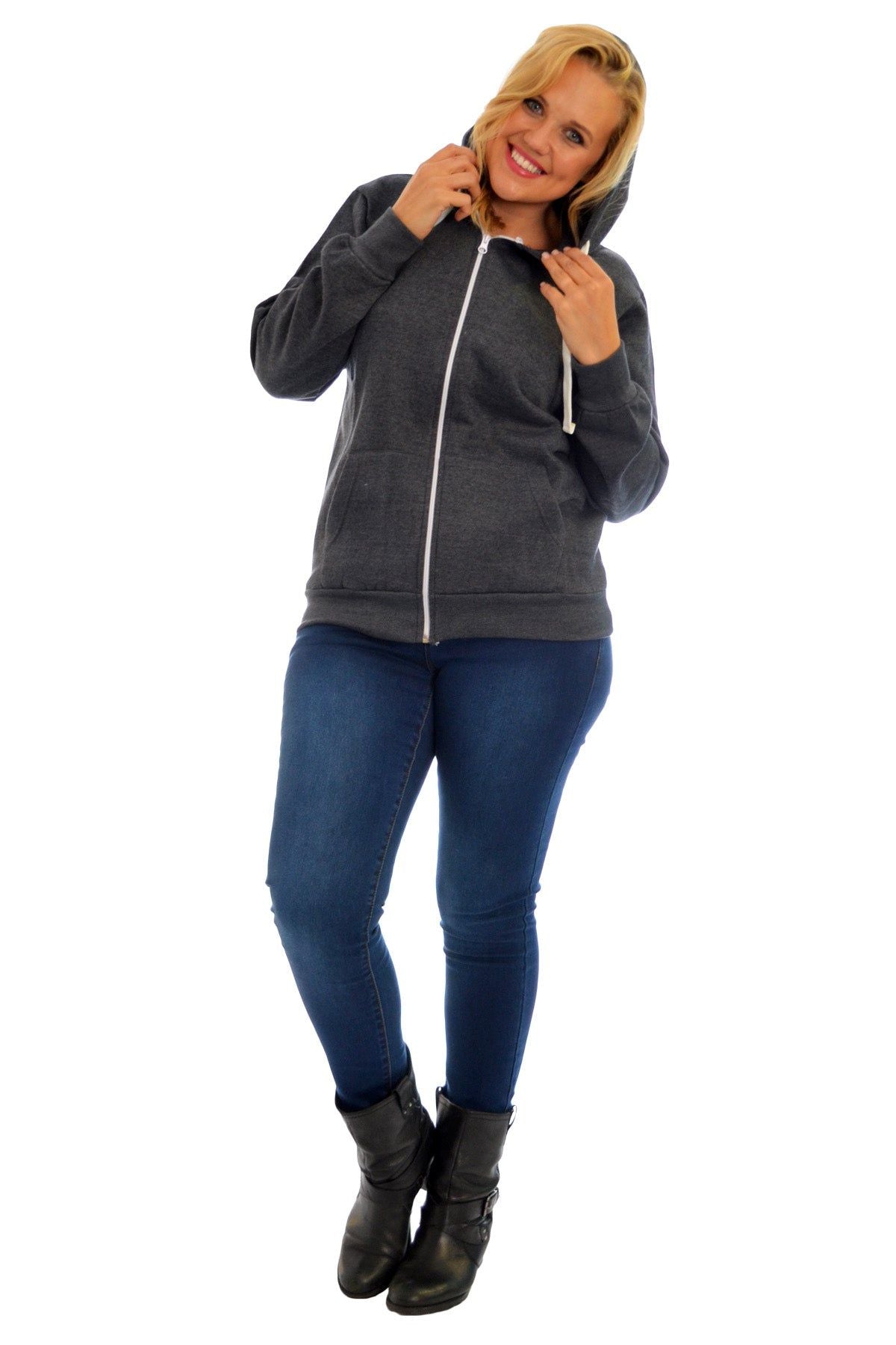 Plus Size Pocket Plain Zip Hoodie Tops WearAll