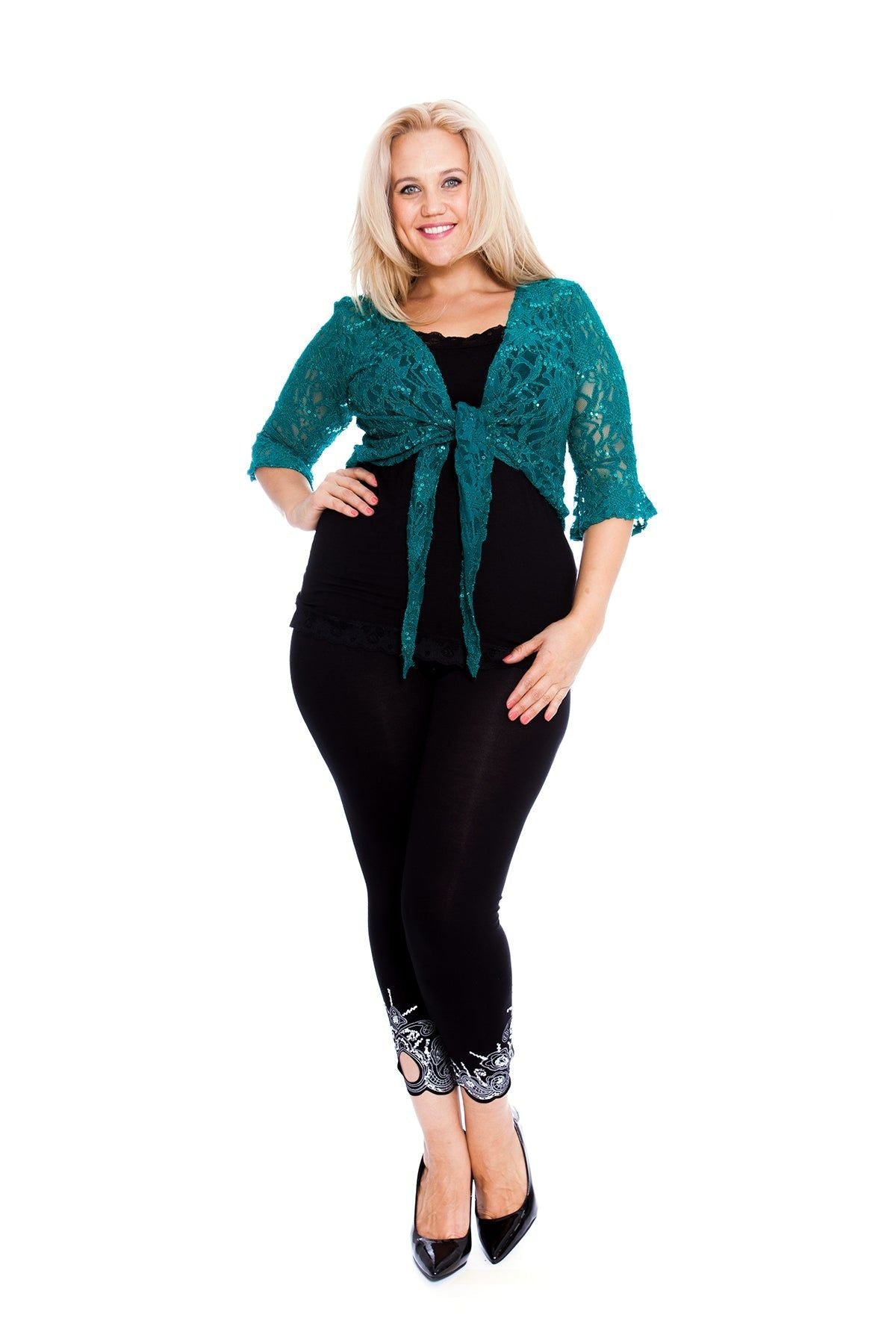Sequin Lace Tie Up 3/4 Bell Sleeve Crochet Top Tops WearAll