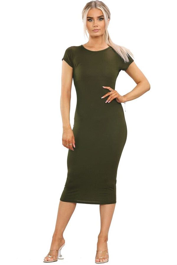 Plus Size Plain Cap Sleeve Stretch Jersey Midi Dress Dress WearAll Khaki Green 16-18