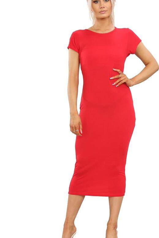 Plus Size Plain Cap Sleeve Stretch Jersey Midi Dress Dress WearAll Red 16-18