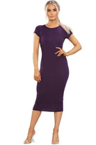 Plus Size Plain Cap Sleeve Stretch Jersey Midi Dress Dress WearAll Purple 16-18