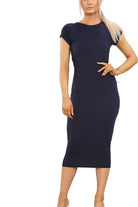 Plus Size Plain Cap Sleeve Stretch Jersey Midi Dress Dress WearAll Navy Blue 16-18