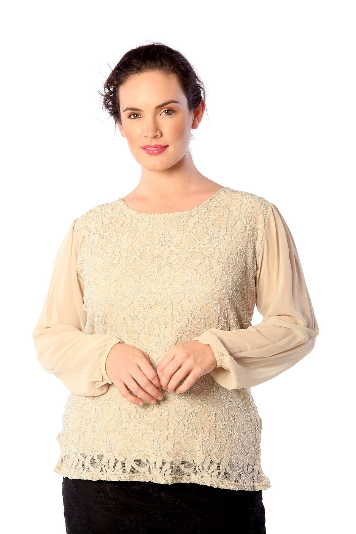 Lace Lined Sheer Sleeve Chiffon Tunic Top Tops WearAll Stone 14