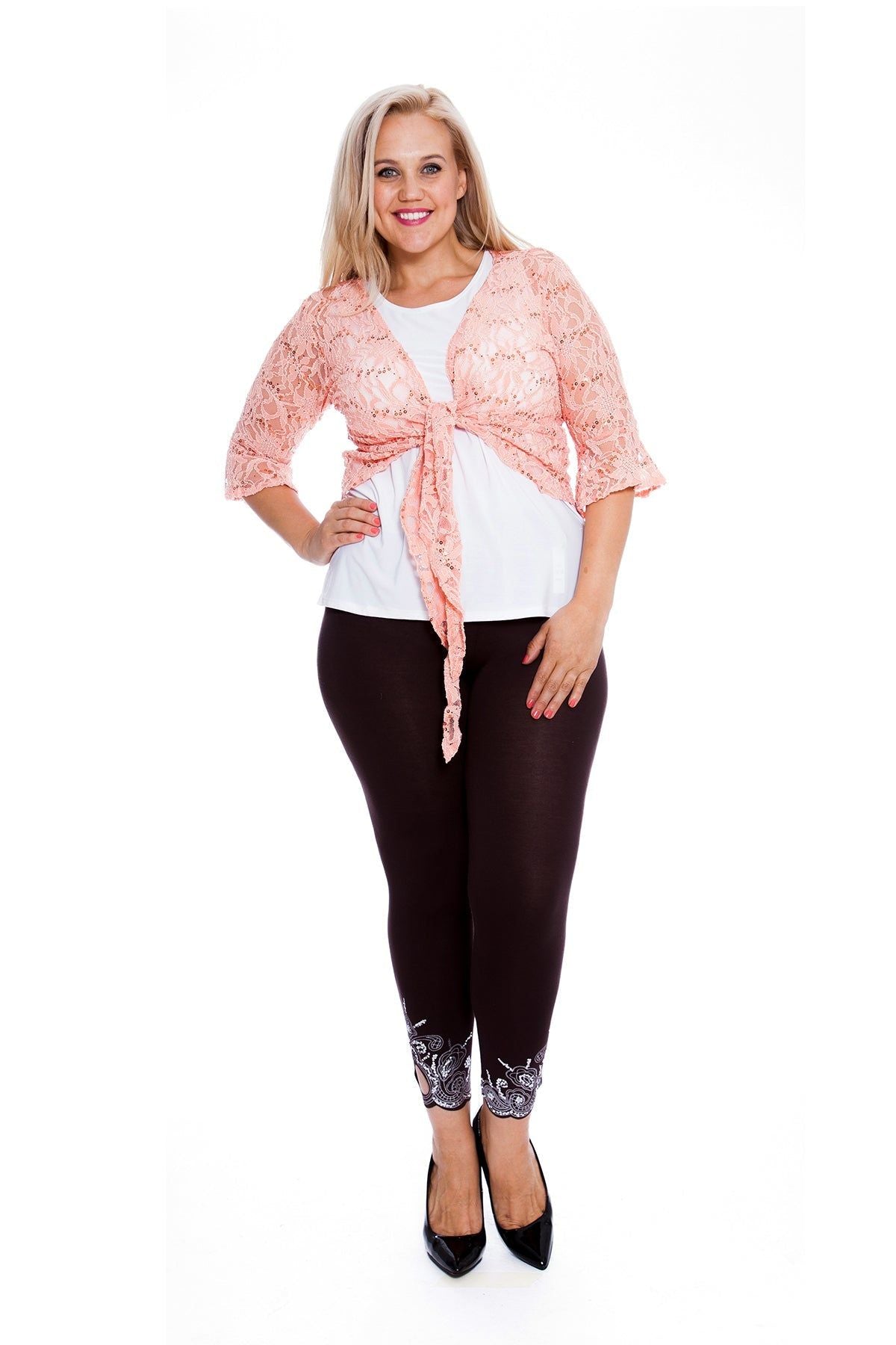 Plus SIze Sequin Lace Tie Up 3/4 Bell Crochet Top Tops WearAll