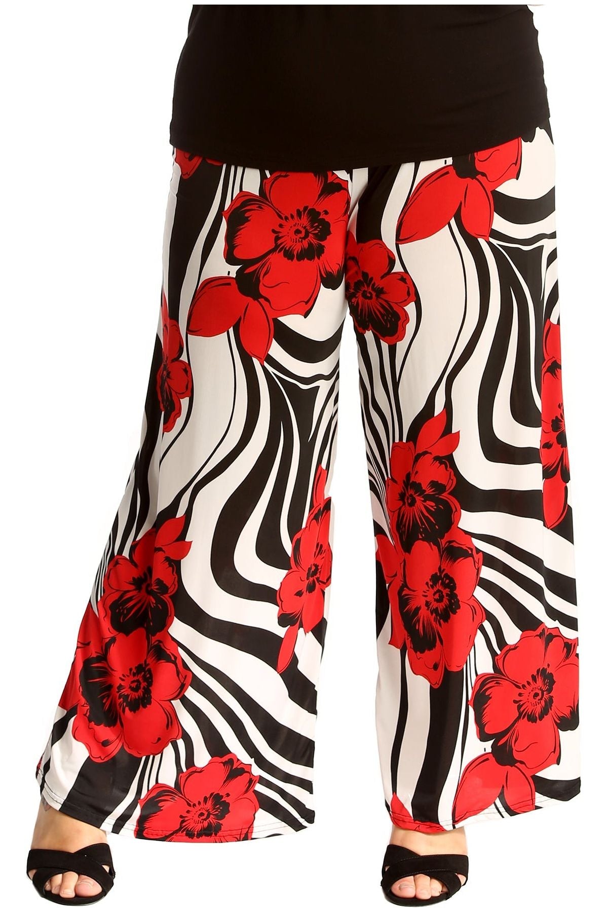 Plus Size Zebra Floral Print Palazzo Trouser Palazzo WearAll Red 16-18