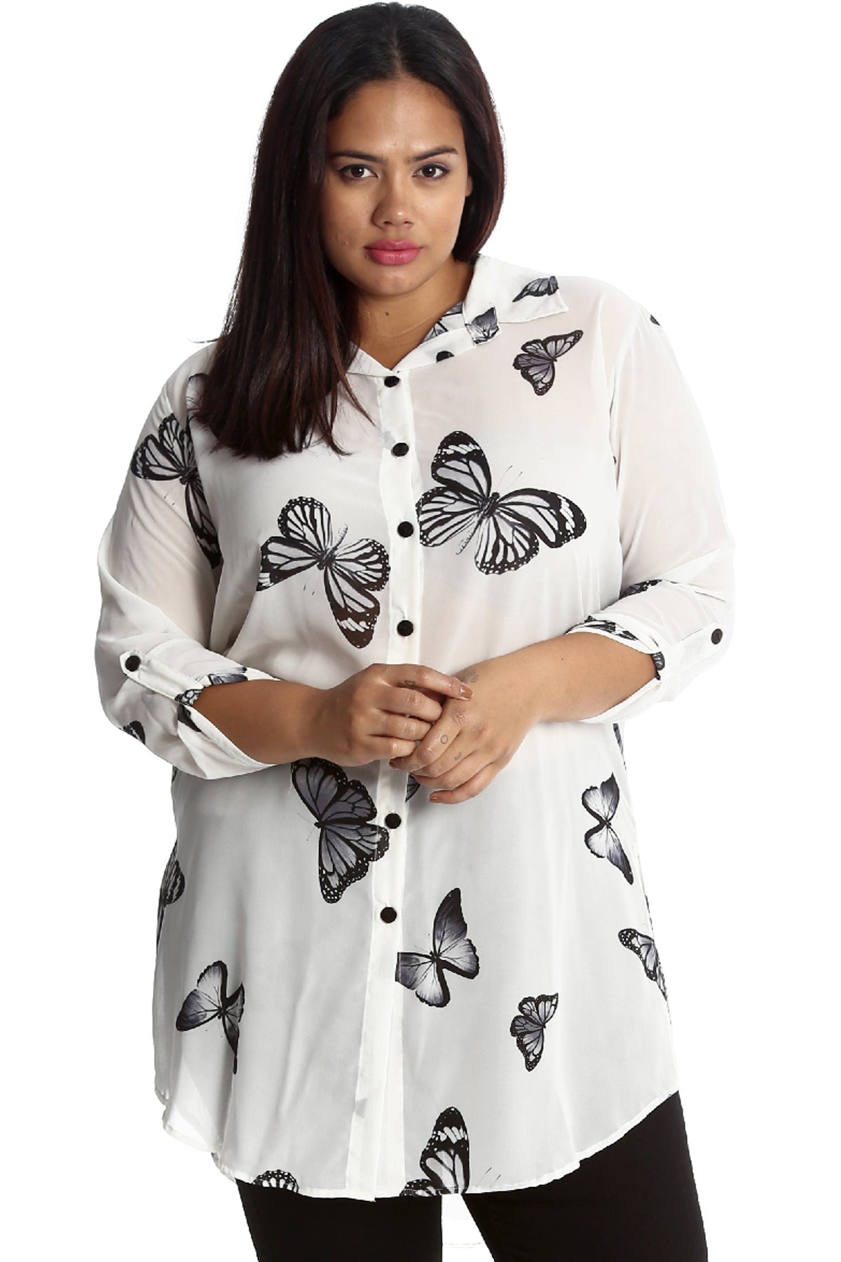 Butterfly Print Side Slit Curved Hem Top Tops WearAll Cream 16