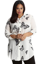Butterfly Print Side Slit Curved Hem Top Tops WearAll Cream 16