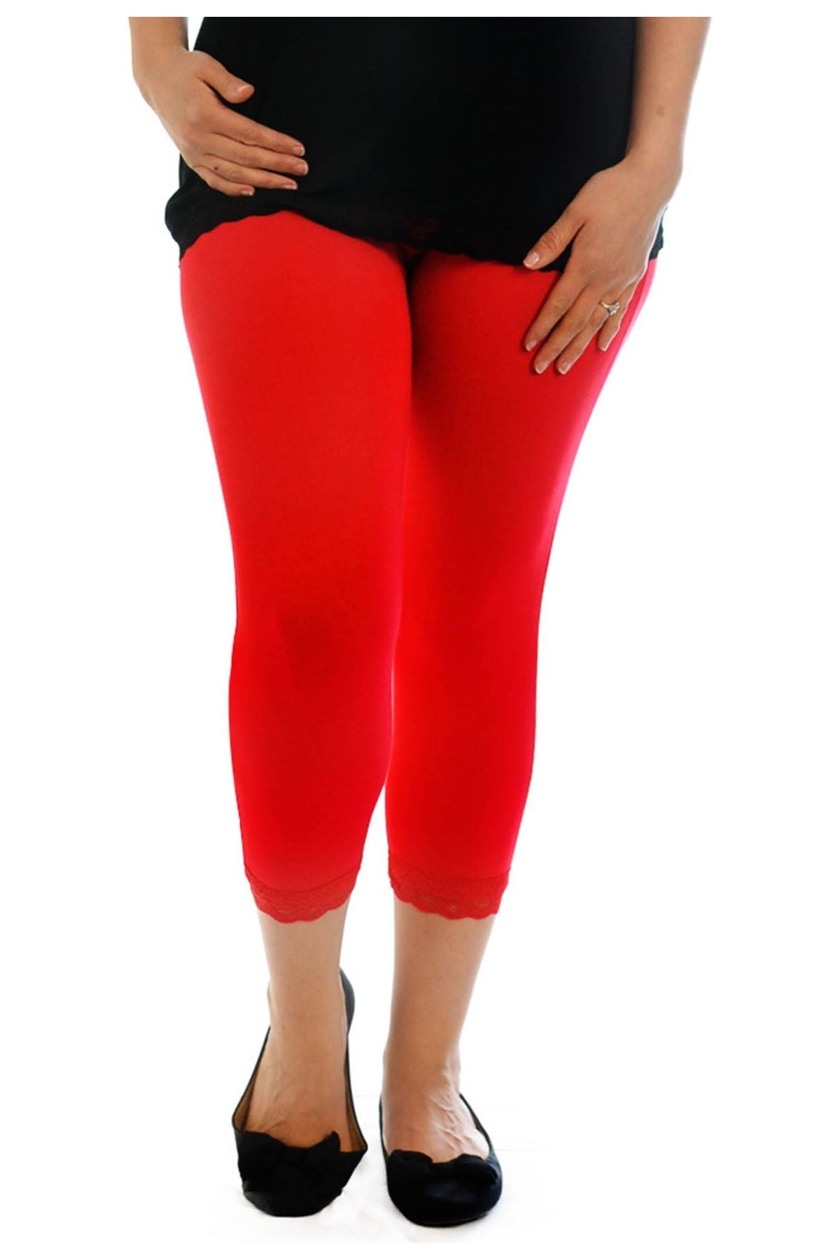Cropped Lace Trim Leggings Leggings WearAll Red 12-14