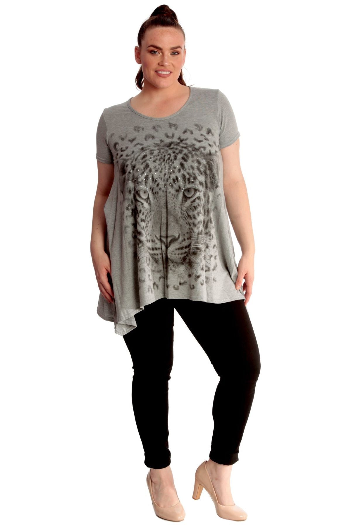Leopard Print Hanky Hem Short Sleeve Top