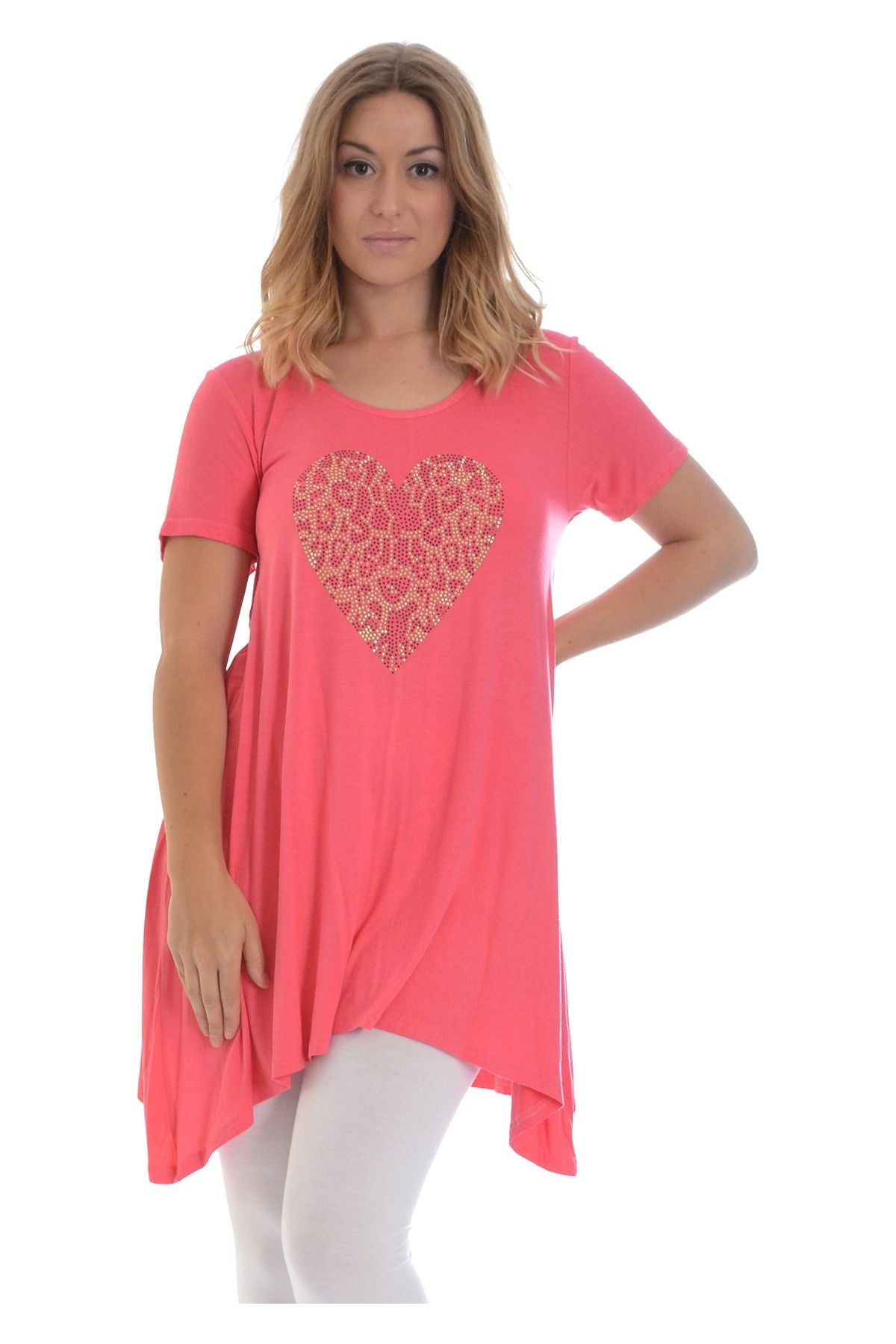 Leopard Print Studded Heart Hanky Hem Short Sleeve Top Apparel & Accessories WearAll Coral 14