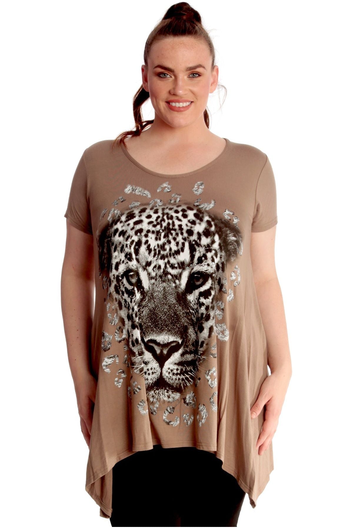 Leopard Print Hanky Hem Short Sleeve Top Tops WearAll Mocha 14