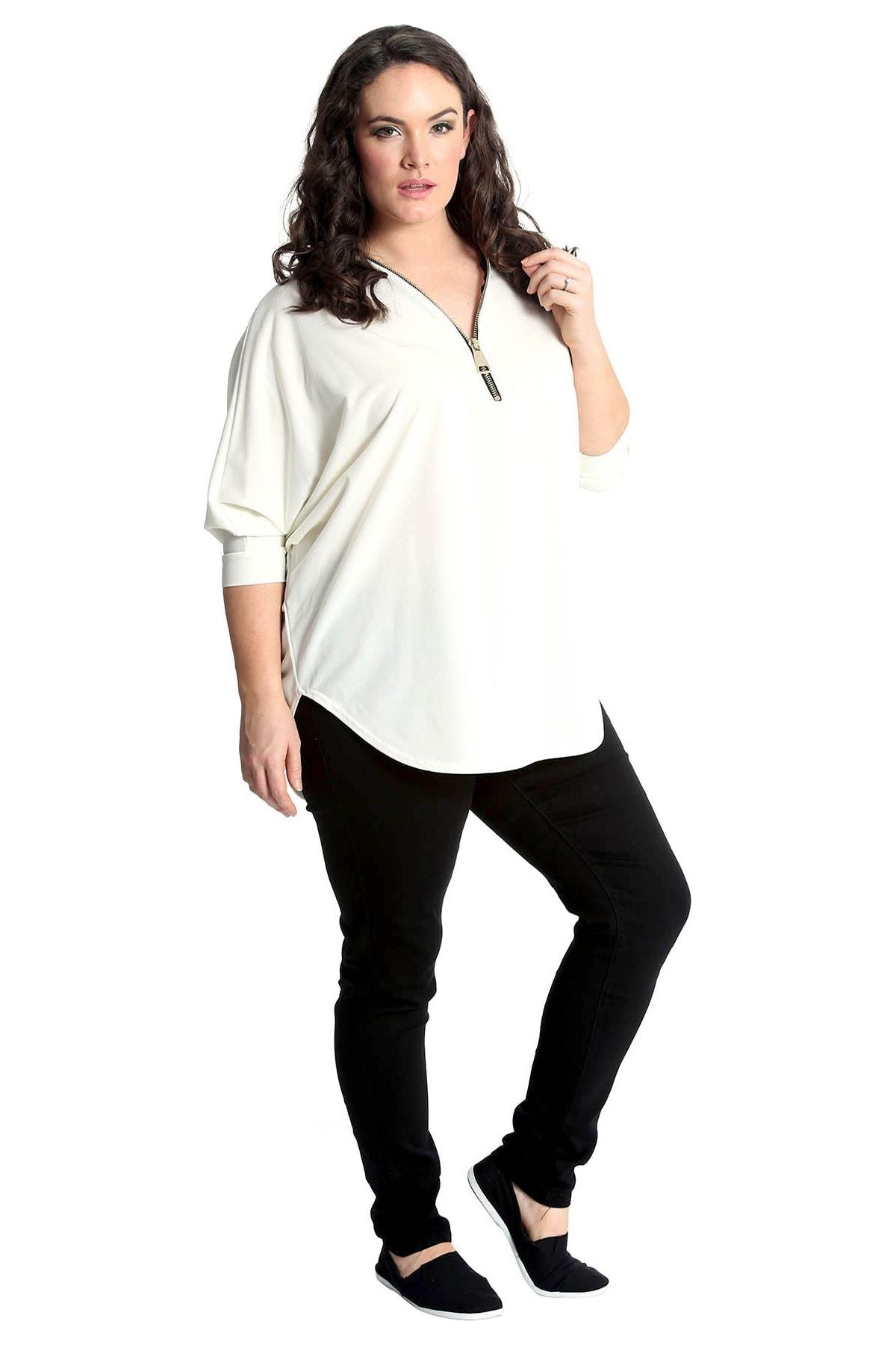 Plus Size Zip Curved Hem V-Neck Batwing Sleeve Top Tops WearAll