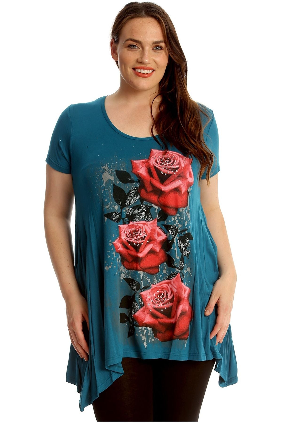 Three Rose Print Hanky Hem Short Sleeve Top