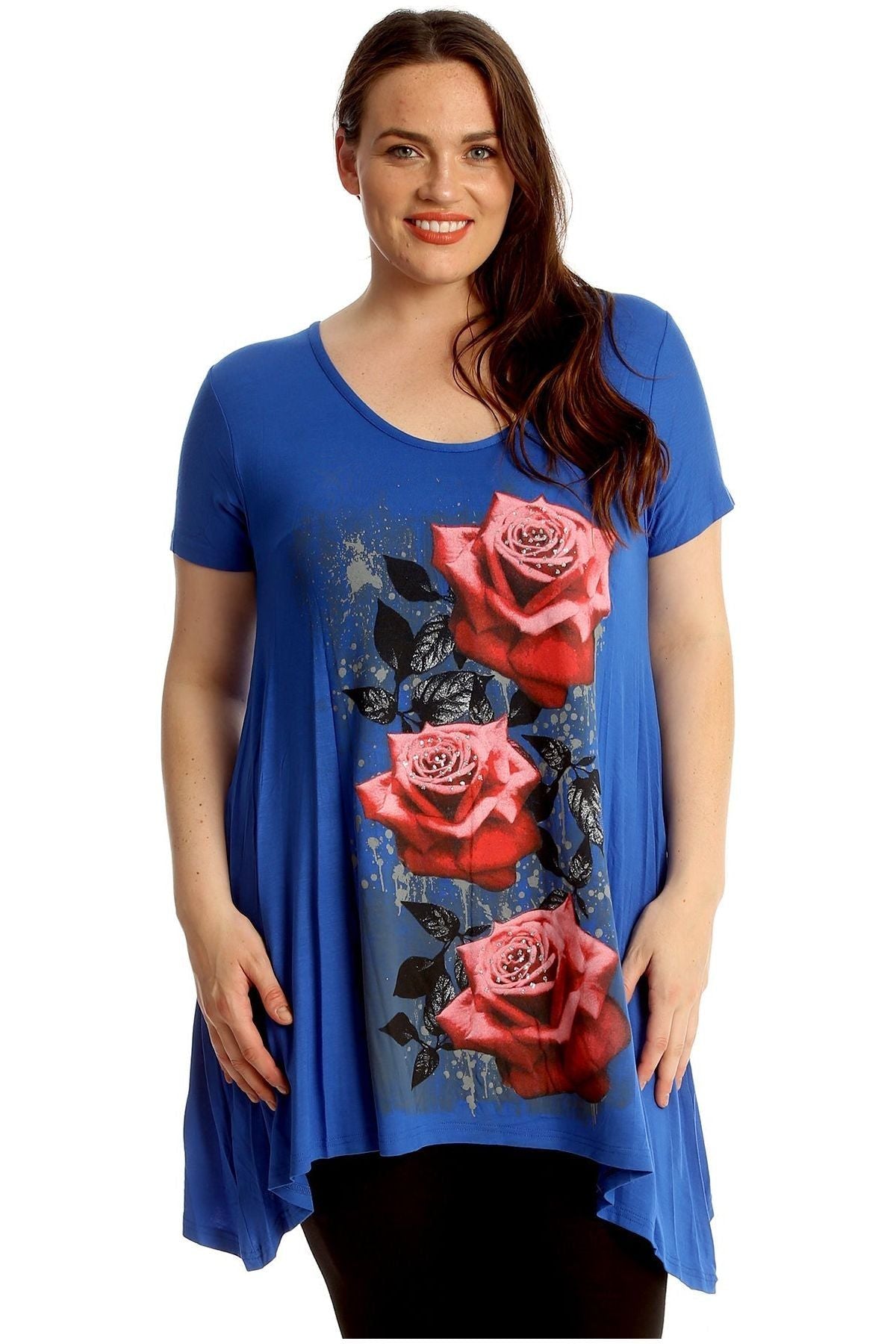 Three Rose Print Hanky Hem Short Sleeve Top