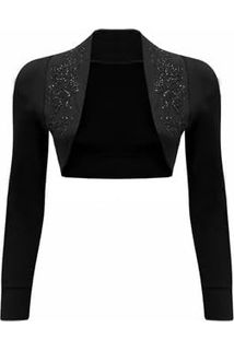 Long Sleeve Beaded Bolero Shrug Tops WearAll Black 8-10