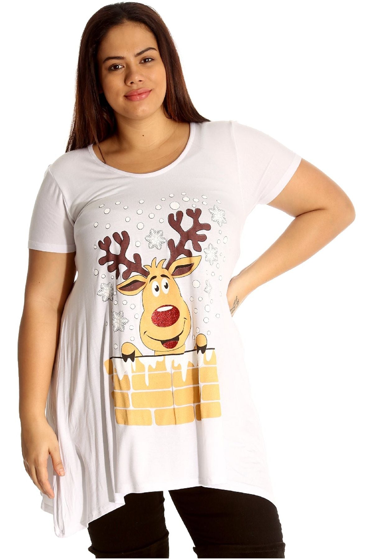Rudolph on Wall Print Hanky Hem Short Sleeve Top Apparel & Accessories WearAll White 14