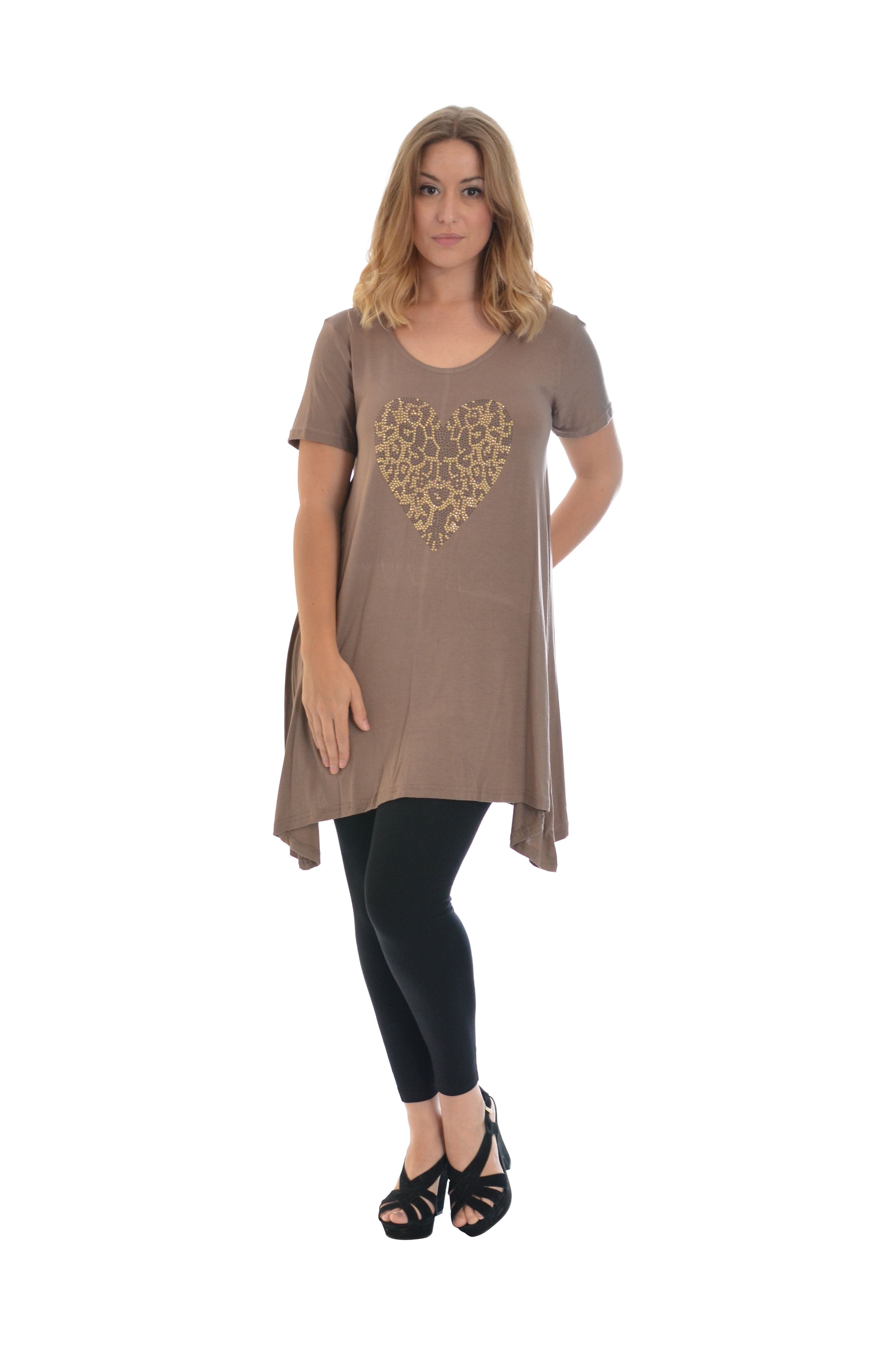 Leopard Print Studded Heart Hanky Hem Short Sleeve Top Apparel & Accessories WearAll