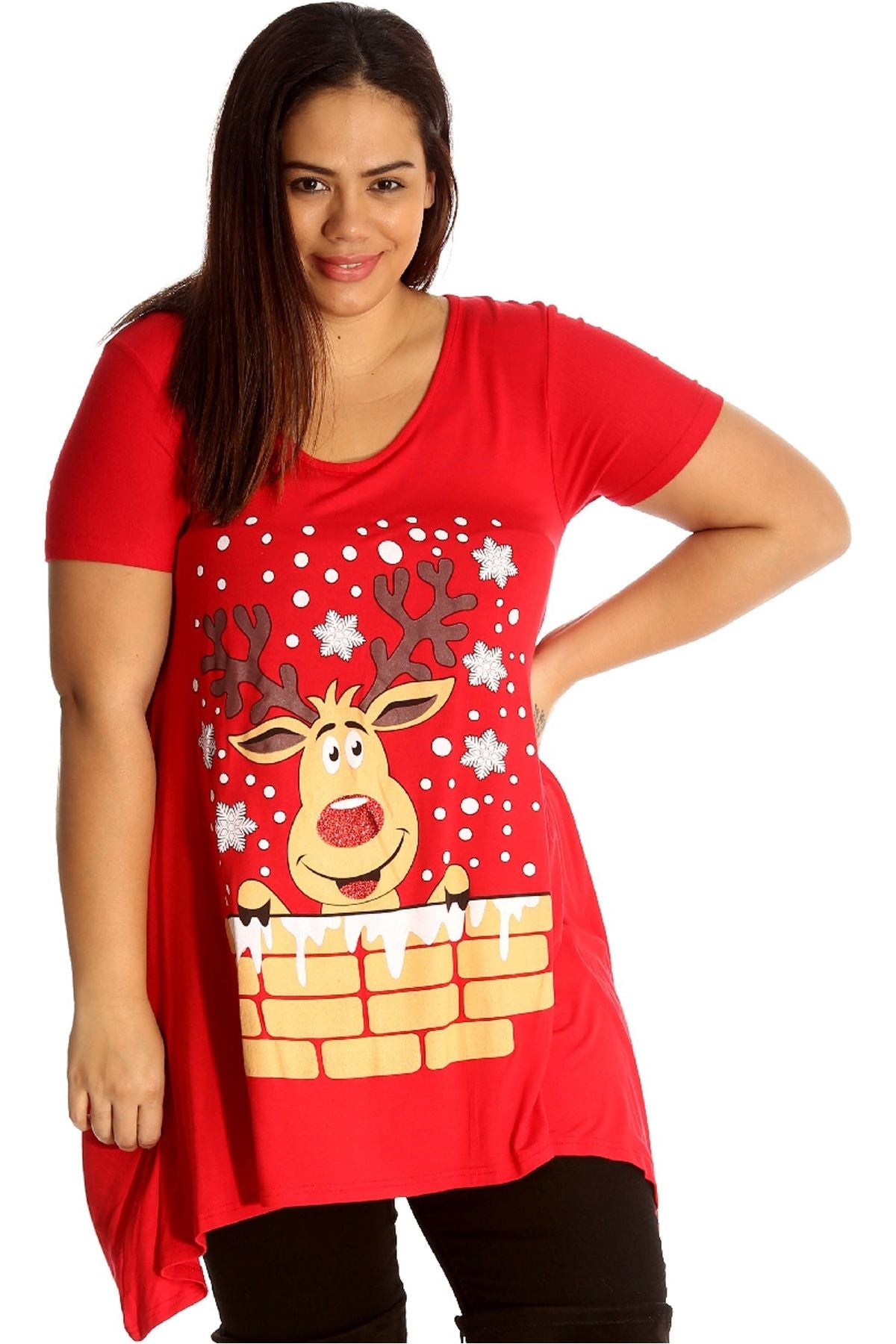Rudolph on Wall Print Hanky Hem Short Sleeve Top Apparel & Accessories WearAll Red 14
