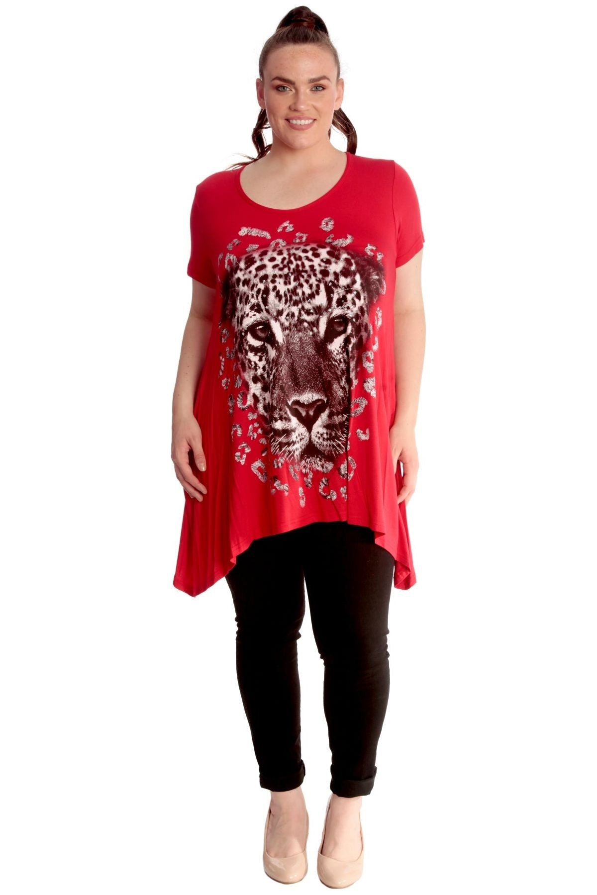 Leopard Print Hanky Hem Short Sleeve Top