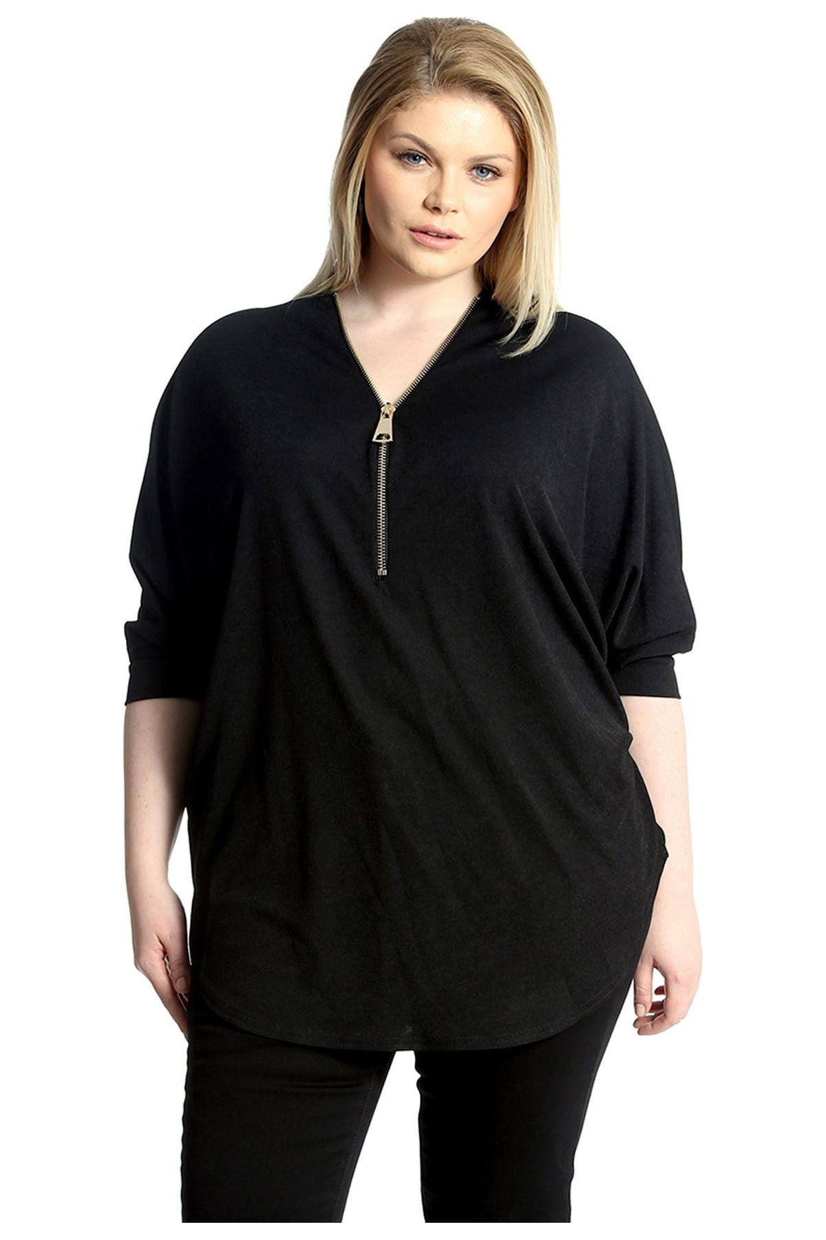 Zip Curved Hem V-Neck Batwing Sleeve Top Tops WearAll